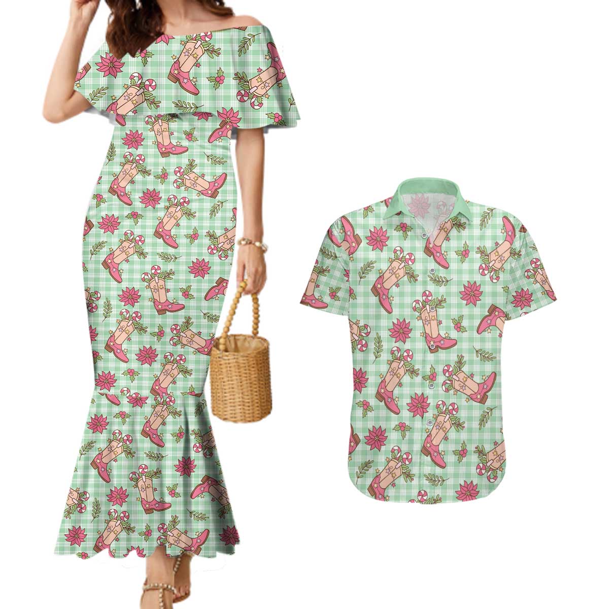 Green Paniolo Palaka Hawaiian Cowgirl Christmas Couples Matching Mermaid Dress and Hawaiian Shirt - Polynesian Pride