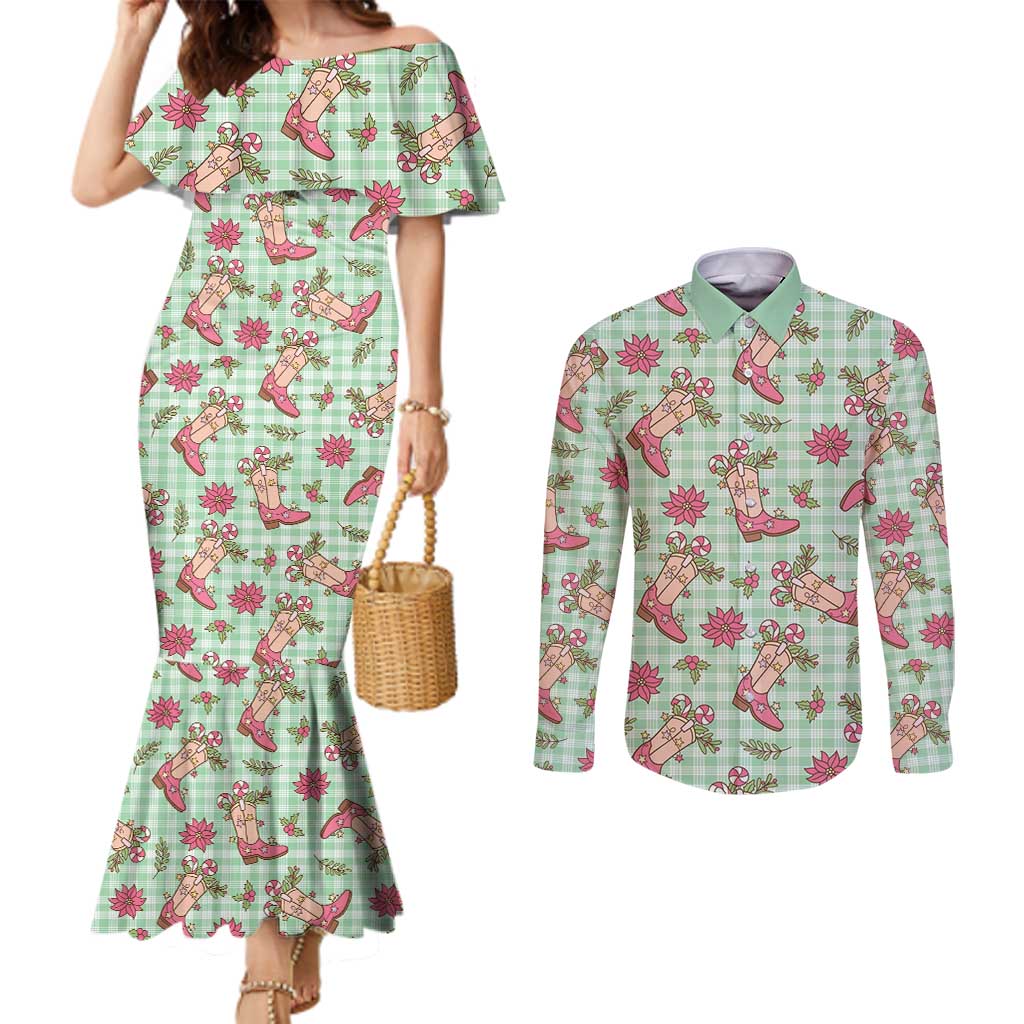 Green Paniolo Palaka Hawaiian Cowgirl Christmas Couples Matching Mermaid Dress and Long Sleeve Button Shirt LT9 Green - Polynesian Pride