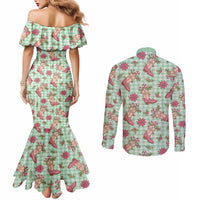 Green Paniolo Palaka Hawaiian Cowgirl Christmas Couples Matching Mermaid Dress and Long Sleeve Button Shirt LT9 - Polynesian Pride