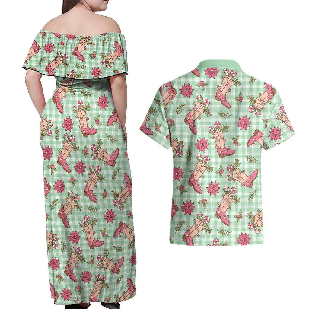 Green Paniolo Palaka Hawaiian Cowgirl Christmas Couples Matching Off Shoulder Maxi Dress and Hawaiian Shirt - Polynesian Pride