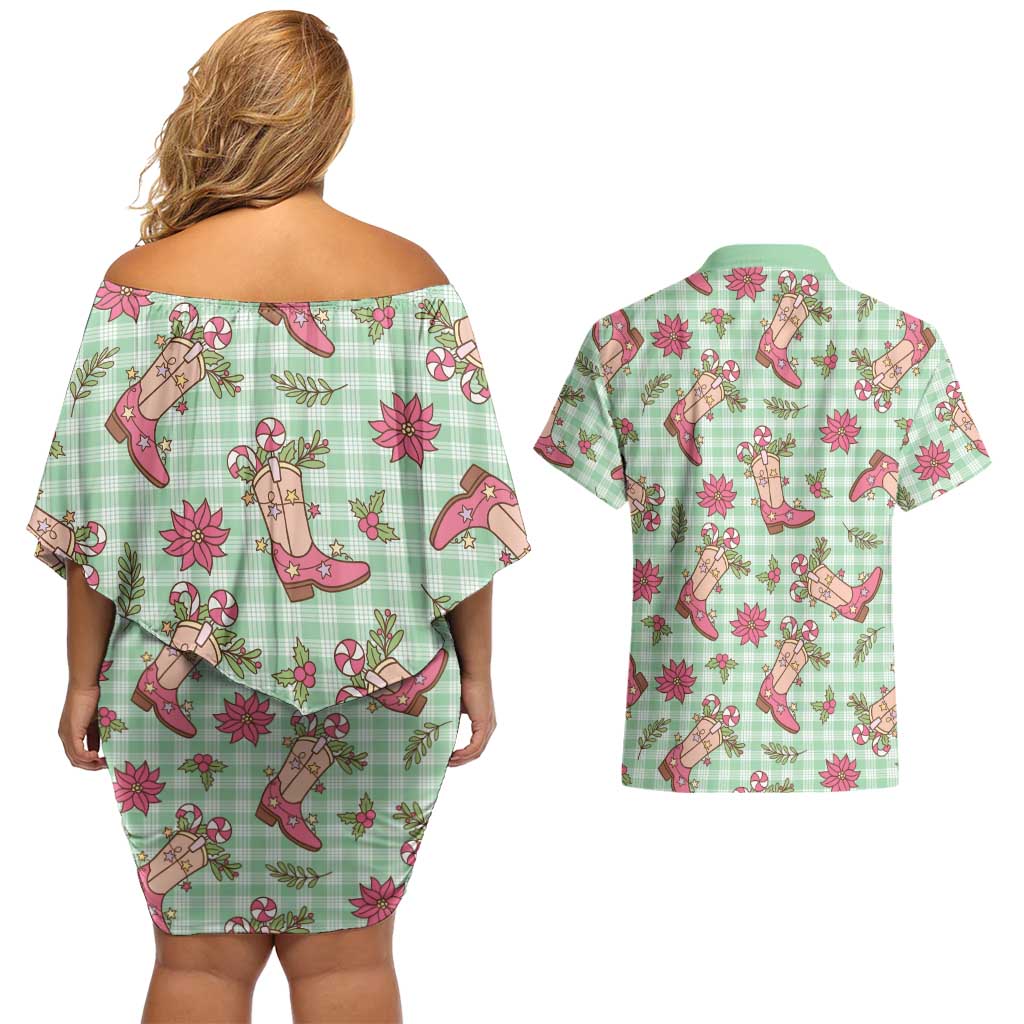 Green Paniolo Palaka Hawaiian Cowgirl Christmas Couples Matching Off Shoulder Short Dress and Hawaiian Shirt - Polynesian Pride