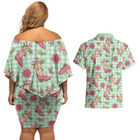 Green Paniolo Palaka Hawaiian Cowgirl Christmas Couples Matching Off Shoulder Short Dress and Hawaiian Shirt - Polynesian Pride