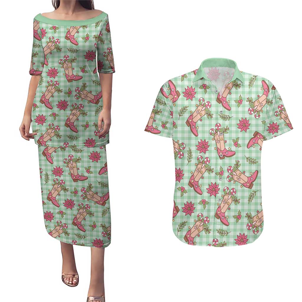 Green Paniolo Palaka Hawaiian Cowgirl Christmas Couples Matching Puletasi and Hawaiian Shirt - Polynesian Pride