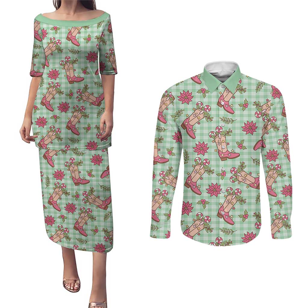 Green Paniolo Palaka Hawaiian Cowgirl Christmas Couples Matching Puletasi and Long Sleeve Button Shirt - Polynesian Pride
