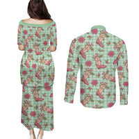 Green Paniolo Palaka Hawaiian Cowgirl Christmas Couples Matching Puletasi and Long Sleeve Button Shirt - Polynesian Pride