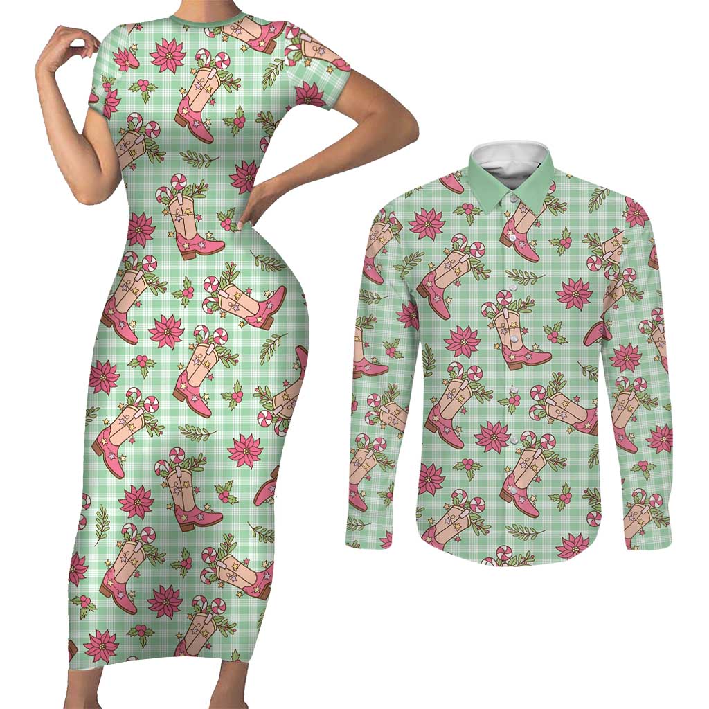 Green Paniolo Palaka Hawaiian Cowgirl Christmas Couples Matching Short Sleeve Bodycon Dress and Long Sleeve Button Shirt - Polynesian Pride
