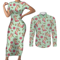 Green Paniolo Palaka Hawaiian Cowgirl Christmas Couples Matching Short Sleeve Bodycon Dress and Long Sleeve Button Shirt - Polynesian Pride