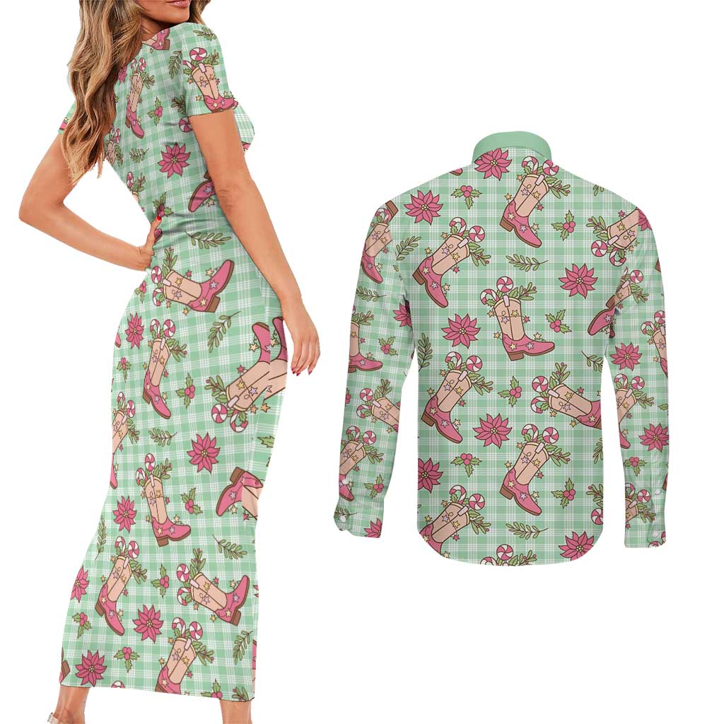 Green Paniolo Palaka Hawaiian Cowgirl Christmas Couples Matching Short Sleeve Bodycon Dress and Long Sleeve Button Shirt - Polynesian Pride