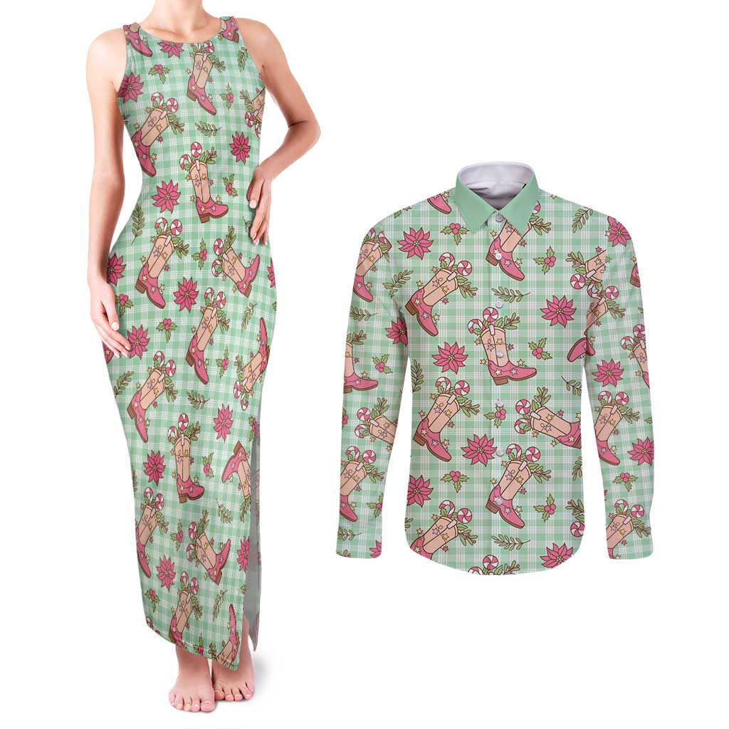 Green Paniolo Palaka Hawaiian Cowgirl Christmas Couples Matching Tank Maxi Dress and Long Sleeve Button Shirt - Polynesian Pride