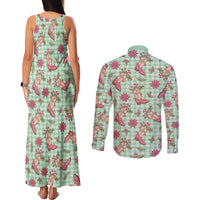 Green Paniolo Palaka Hawaiian Cowgirl Christmas Couples Matching Tank Maxi Dress and Long Sleeve Button Shirt - Polynesian Pride
