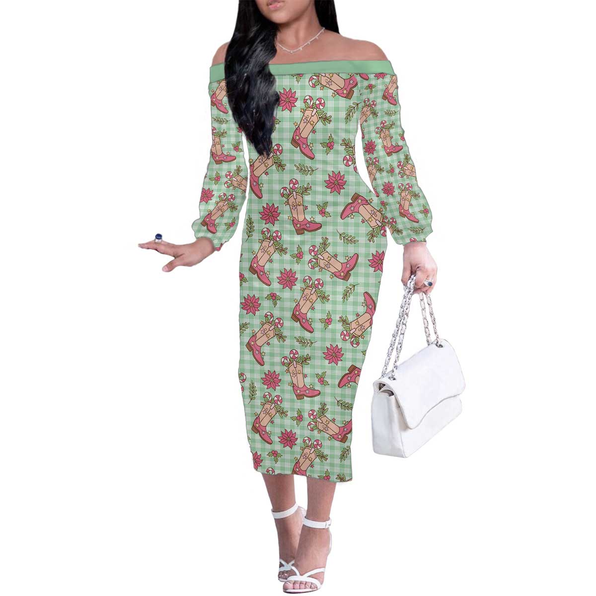 Green Paniolo Palaka Hawaiian Cowgirl Christmas Family Matching Off The Shoulder Long Sleeve Dress and Hawaiian Shirt - Polynesian Pride