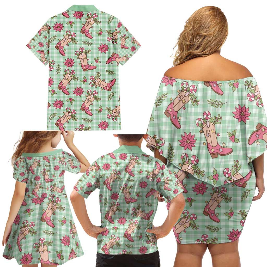 Green Paniolo Palaka Hawaiian Cowgirl Christmas Family Matching Off Shoulder Short Dress and Hawaiian Shirt - Polynesian Pride