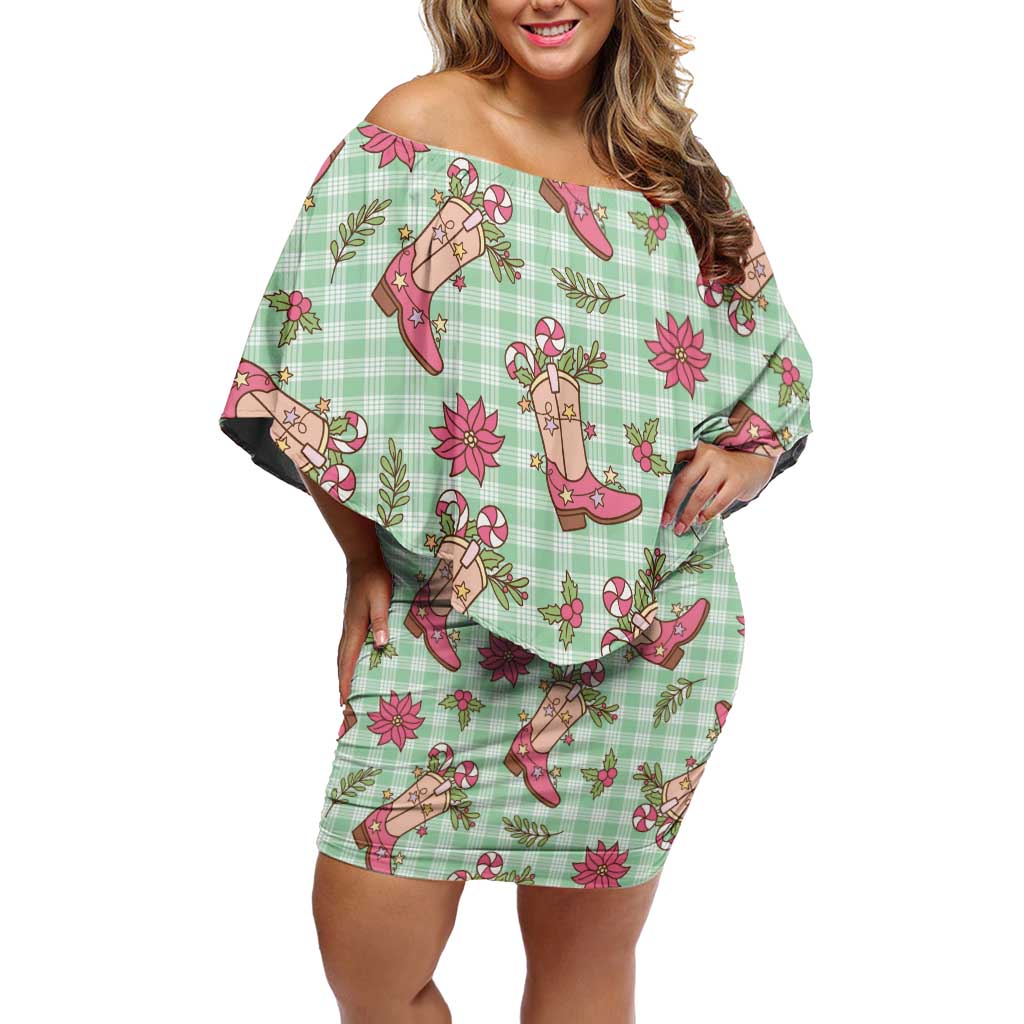 Green Paniolo Palaka Hawaiian Cowgirl Christmas Family Matching Off Shoulder Short Dress and Hawaiian Shirt - Polynesian Pride