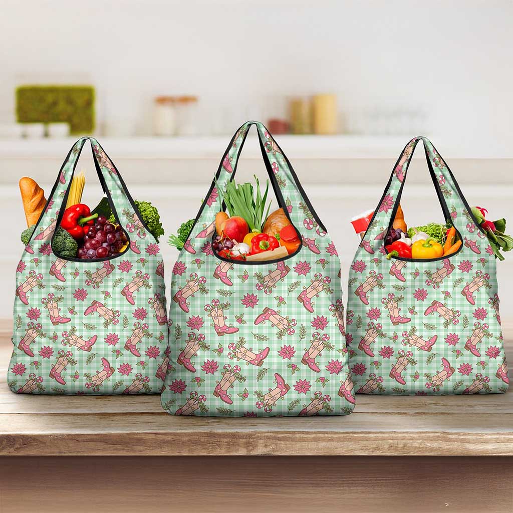 Green Paniolo Palaka Hawaiian Cowgirl Christmas Grocery Bag - Polynesian Pride