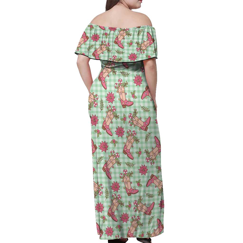 Green Paniolo Palaka Hawaiian Cowgirl Christmas Off Shoulder Maxi Dress - Polynesian Pride