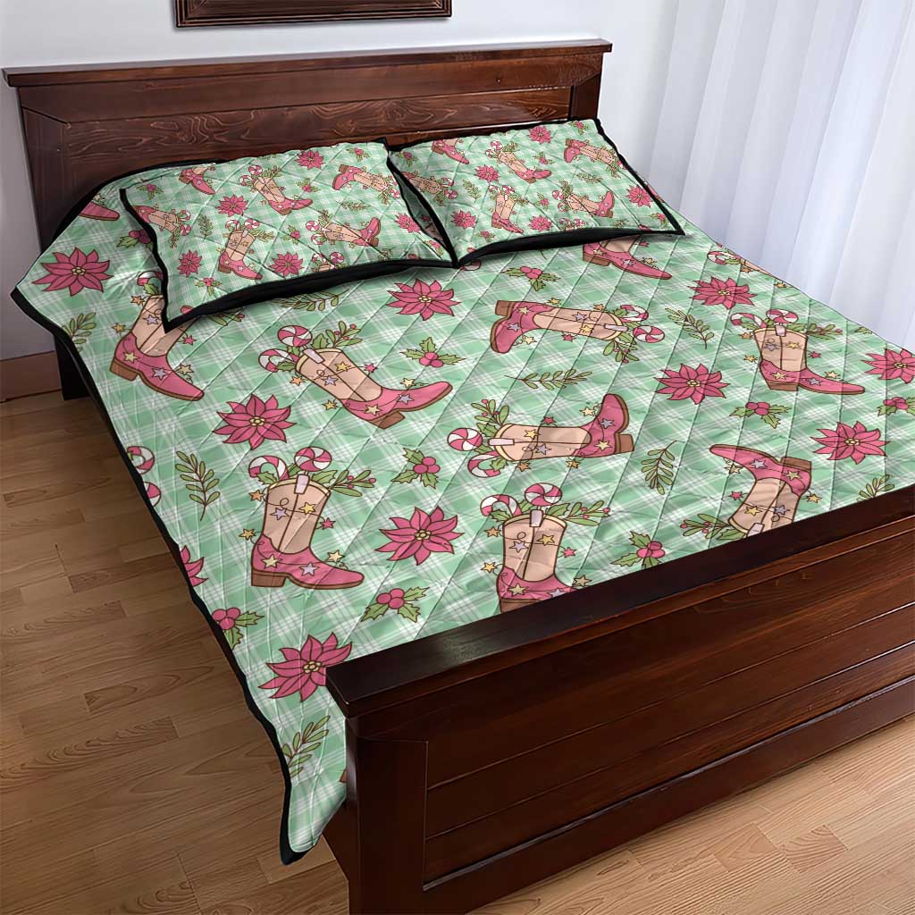 Green Paniolo Palaka Hawaiian Cowgirl Christmas Quilt Bed Set - Polynesian Pride