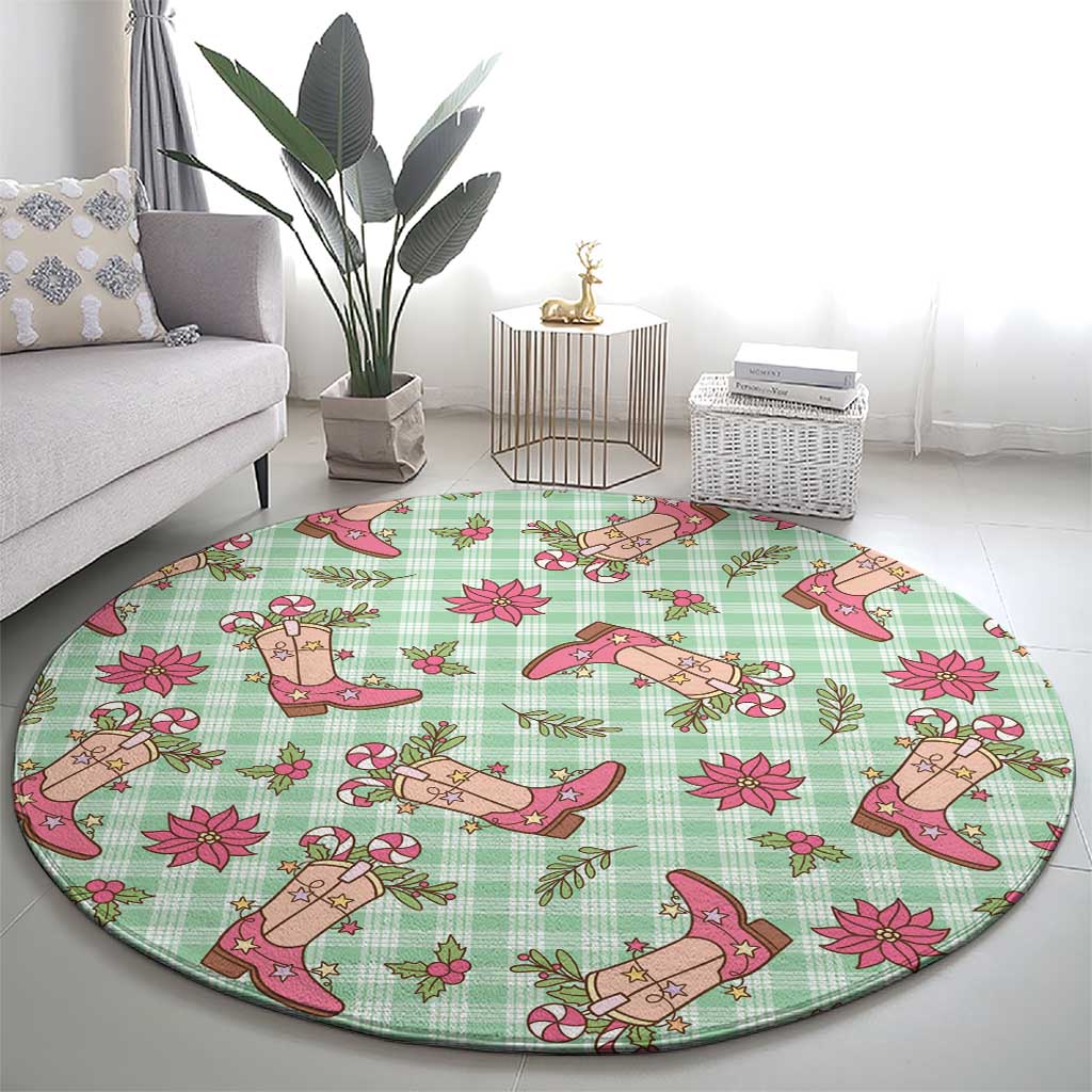 Green Paniolo Palaka Hawaiian Cowgirl Christmas Round Carpet - Polynesian Pride