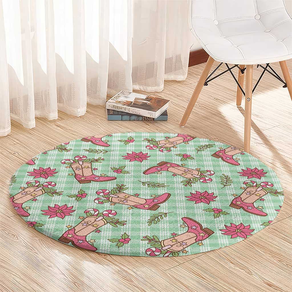 Green Paniolo Palaka Hawaiian Cowgirl Christmas Round Carpet - Polynesian Pride