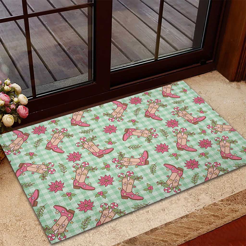 Green Paniolo Palaka Hawaiian Cowgirl Christmas Rubber Doormat - Polynesian Pride
