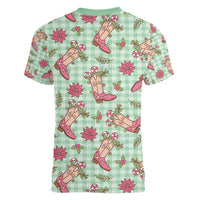 Green Paniolo Palaka Hawaiian Cowgirl Christmas Women V-Neck T-Shirt - Polynesian Pride