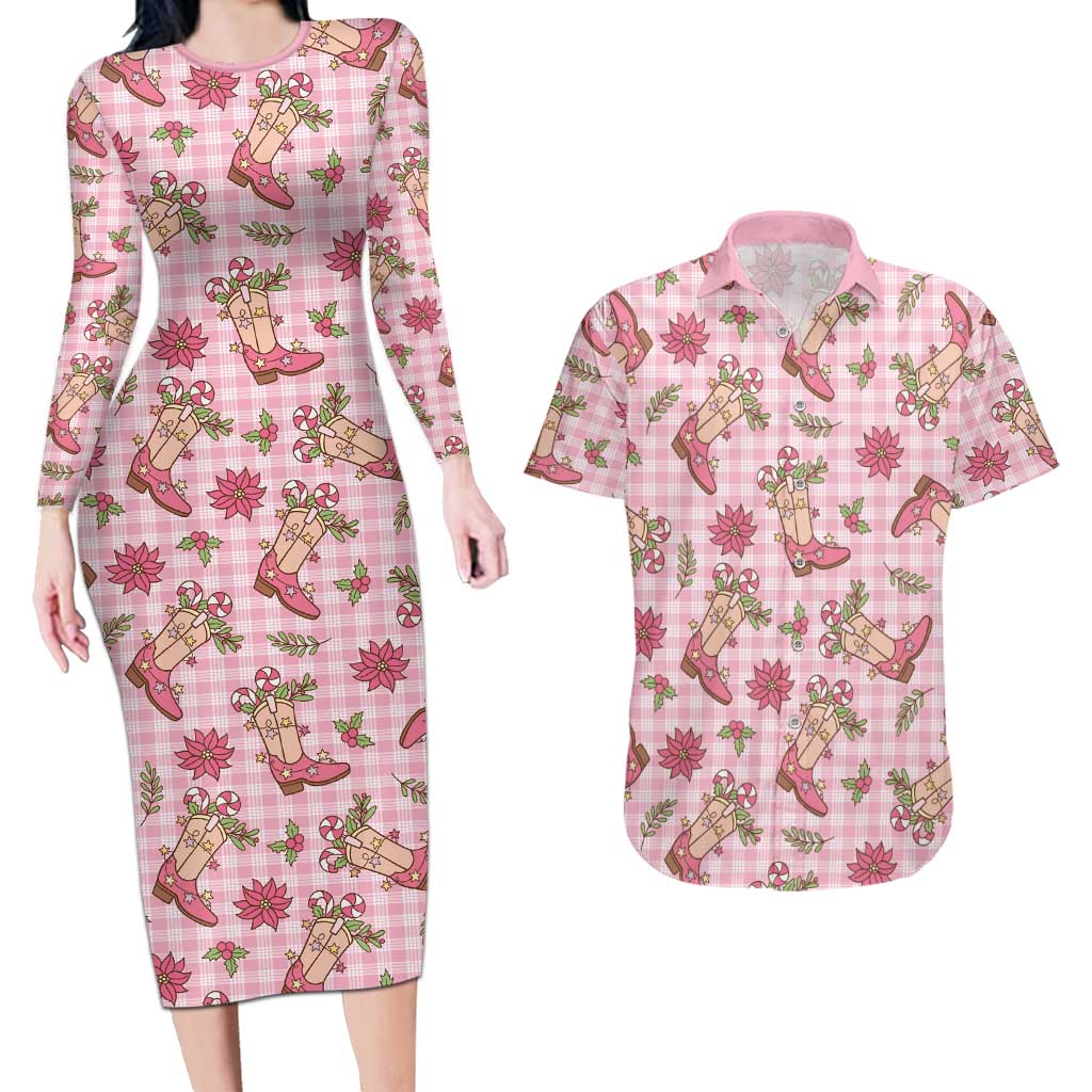 Pink Paniolo Palaka Hawaiian Cowgirl Christmas Couples Matching Long Sleeve Bodycon Dress and Hawaiian Shirt - Polynesian Pride