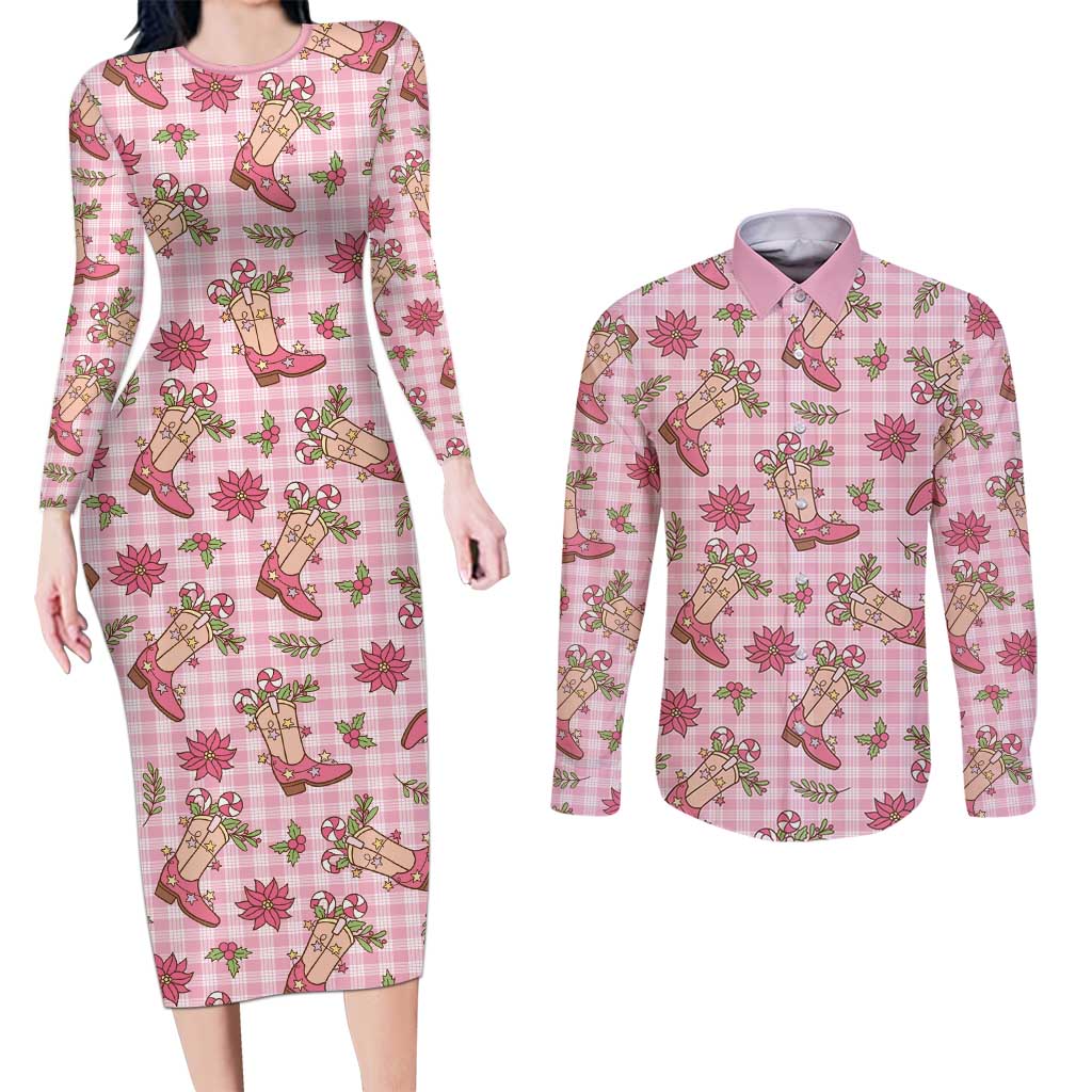 Pink Paniolo Palaka Hawaiian Cowgirl Christmas Couples Matching Long Sleeve Bodycon Dress and Long Sleeve Button Shirt LT9 Pink - Polynesian Pride
