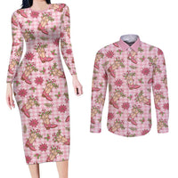 Pink Paniolo Palaka Hawaiian Cowgirl Christmas Couples Matching Long Sleeve Bodycon Dress and Long Sleeve Button Shirt LT9 Pink - Polynesian Pride