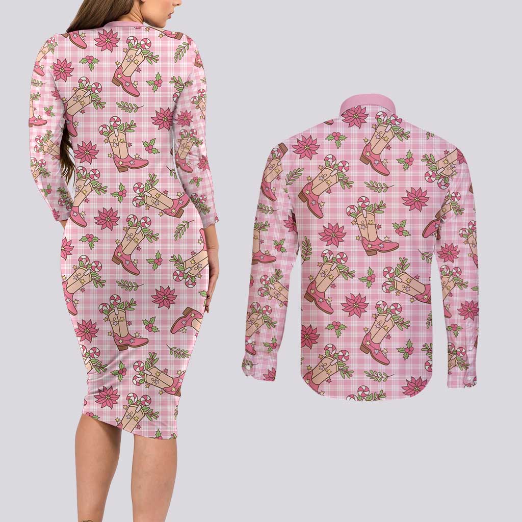 Pink Paniolo Palaka Hawaiian Cowgirl Christmas Couples Matching Long Sleeve Bodycon Dress and Long Sleeve Button Shirt LT9 - Polynesian Pride
