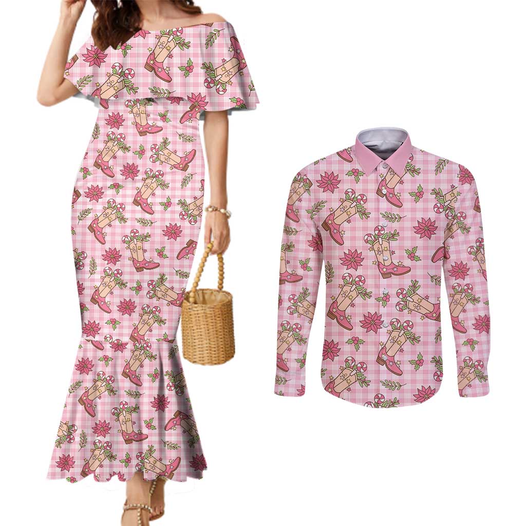 Pink Paniolo Palaka Hawaiian Cowgirl Christmas Couples Matching Mermaid Dress and Long Sleeve Button Shirt - Polynesian Pride