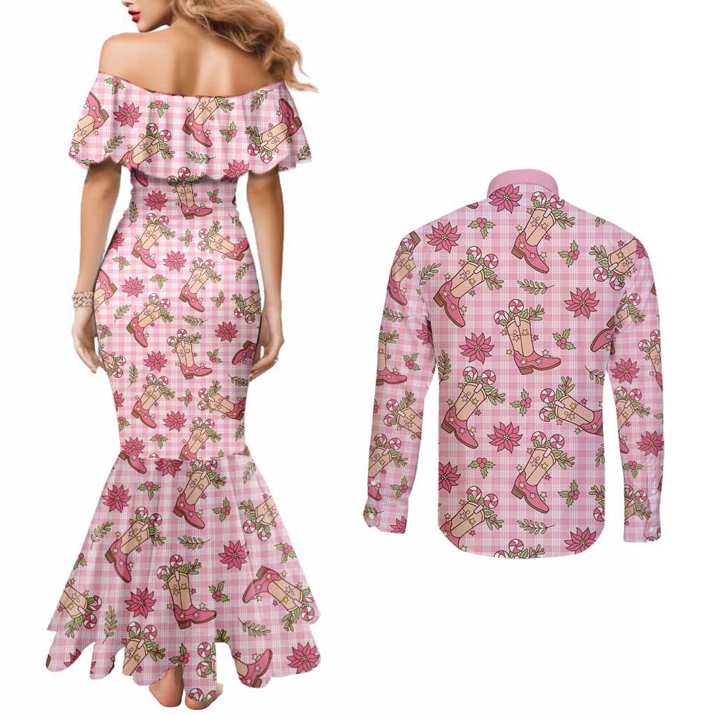 Pink Paniolo Palaka Hawaiian Cowgirl Christmas Couples Matching Mermaid Dress and Long Sleeve Button Shirt - Polynesian Pride