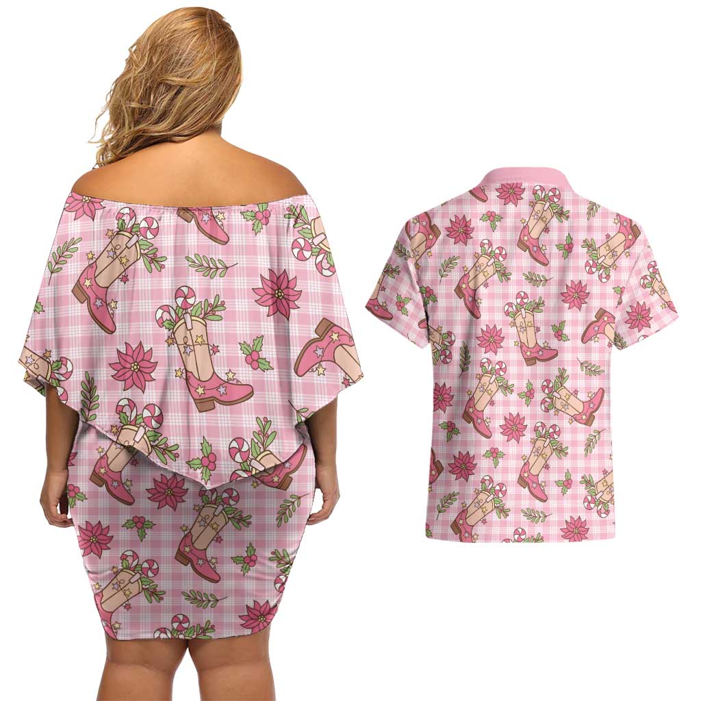 Pink Paniolo Palaka Hawaiian Cowgirl Christmas Couples Matching Off Shoulder Short Dress and Hawaiian Shirt - Polynesian Pride
