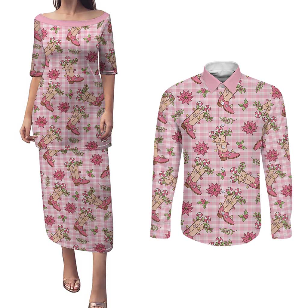 Pink Paniolo Palaka Hawaiian Cowgirl Christmas Couples Matching Puletasi and Long Sleeve Button Shirt - Polynesian Pride