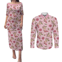 Pink Paniolo Palaka Hawaiian Cowgirl Christmas Couples Matching Puletasi and Long Sleeve Button Shirt - Polynesian Pride