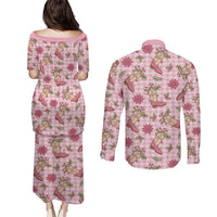Pink Paniolo Palaka Hawaiian Cowgirl Christmas Couples Matching Puletasi and Long Sleeve Button Shirt - Polynesian Pride