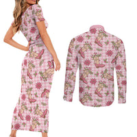 Pink Paniolo Palaka Hawaiian Cowgirl Christmas Couples Matching Short Sleeve Bodycon Dress and Long Sleeve Button Shirt - Polynesian Pride