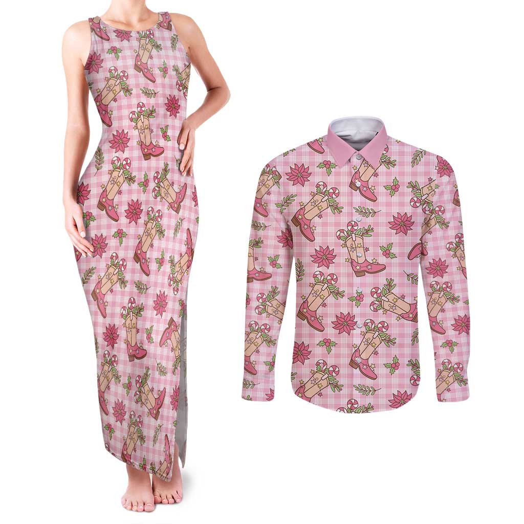 Pink Paniolo Palaka Hawaiian Cowgirl Christmas Couples Matching Tank Maxi Dress and Long Sleeve Button Shirt - Polynesian Pride