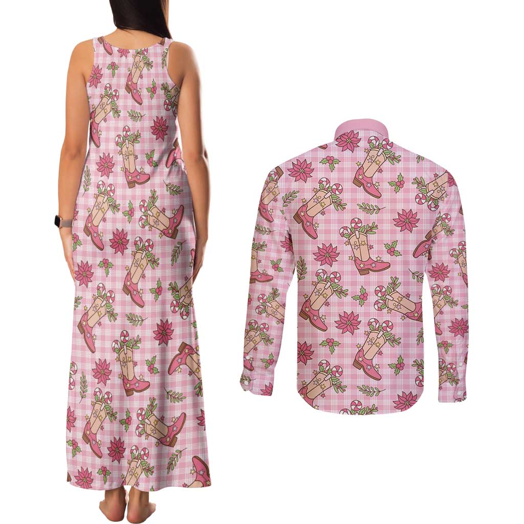 Pink Paniolo Palaka Hawaiian Cowgirl Christmas Couples Matching Tank Maxi Dress and Long Sleeve Button Shirt - Polynesian Pride