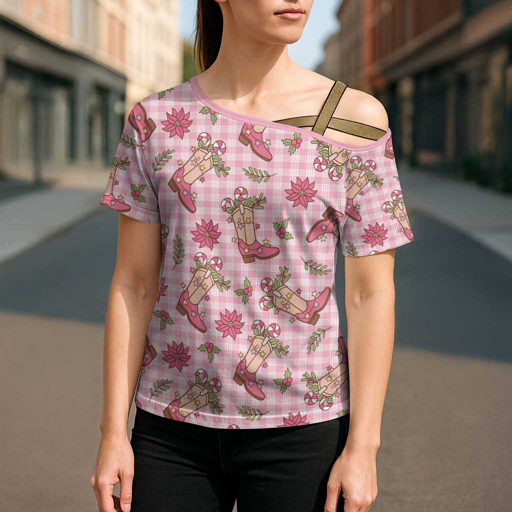 Pink Paniolo Palaka Hawaiian Cowgirl Christmas Cross Shoulder Shirt - Polynesian Pride