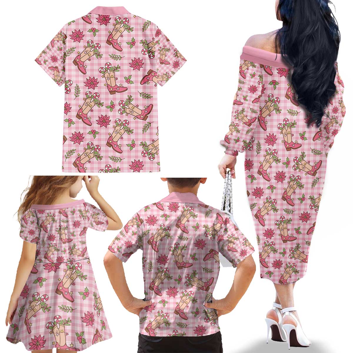 Pink Paniolo Palaka Hawaiian Cowgirl Christmas Family Matching Off The Shoulder Long Sleeve Dress and Hawaiian Shirt - Polynesian Pride