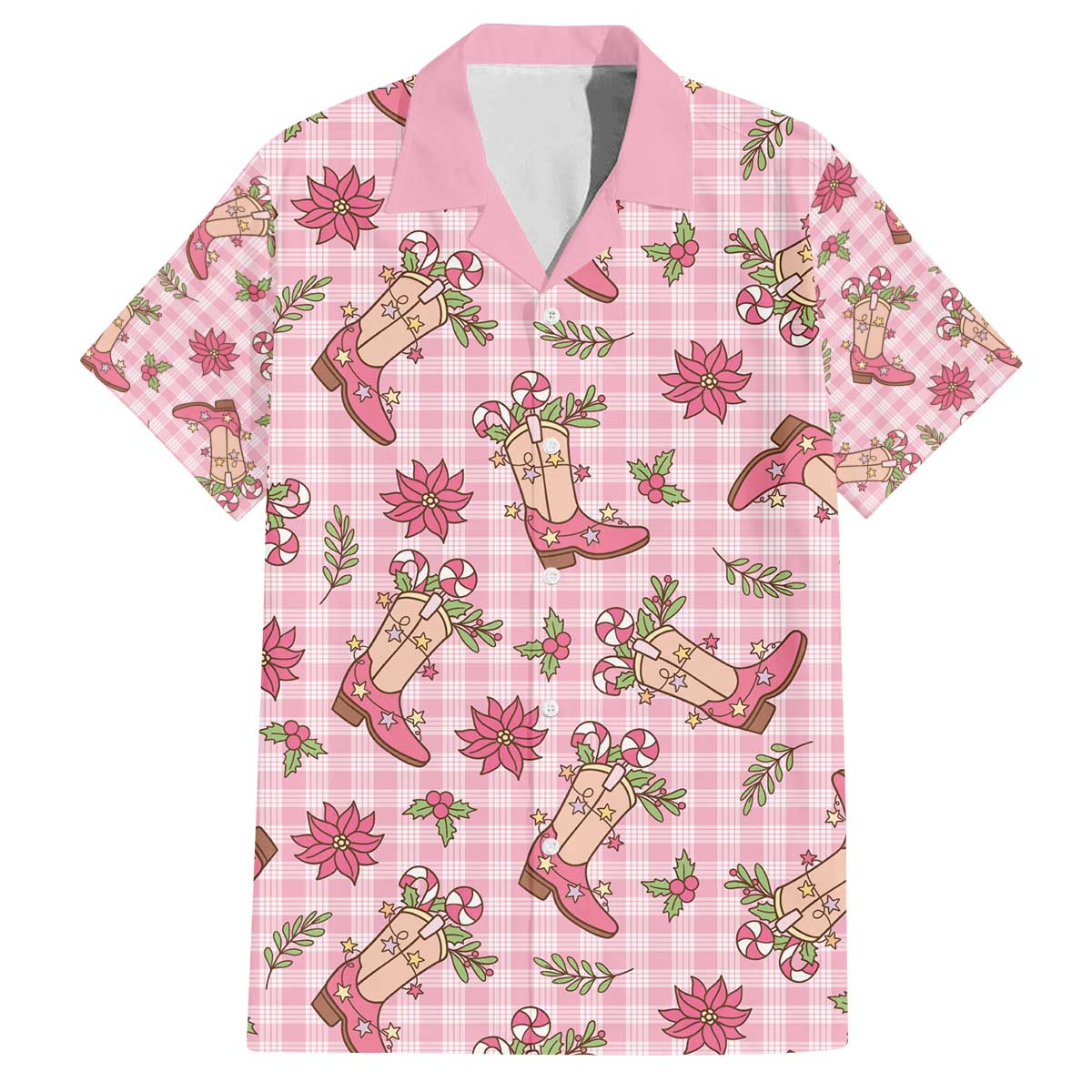 Pink Paniolo Palaka Hawaiian Cowgirl Christmas Family Matching Off The Shoulder Long Sleeve Dress and Hawaiian Shirt - Polynesian Pride