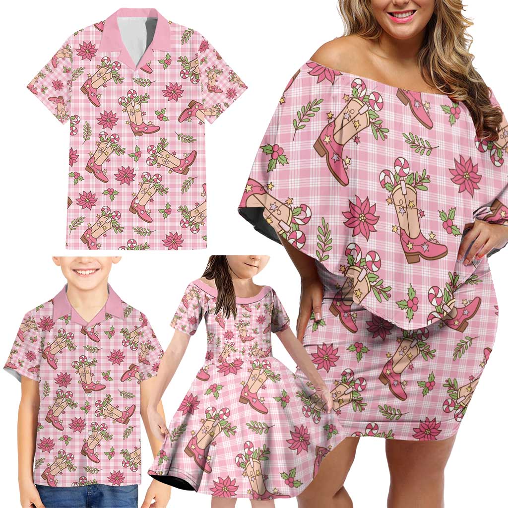 Pink Paniolo Palaka Hawaiian Cowgirl Christmas Family Matching Off Shoulder Short Dress and Hawaiian Shirt - Polynesian Pride