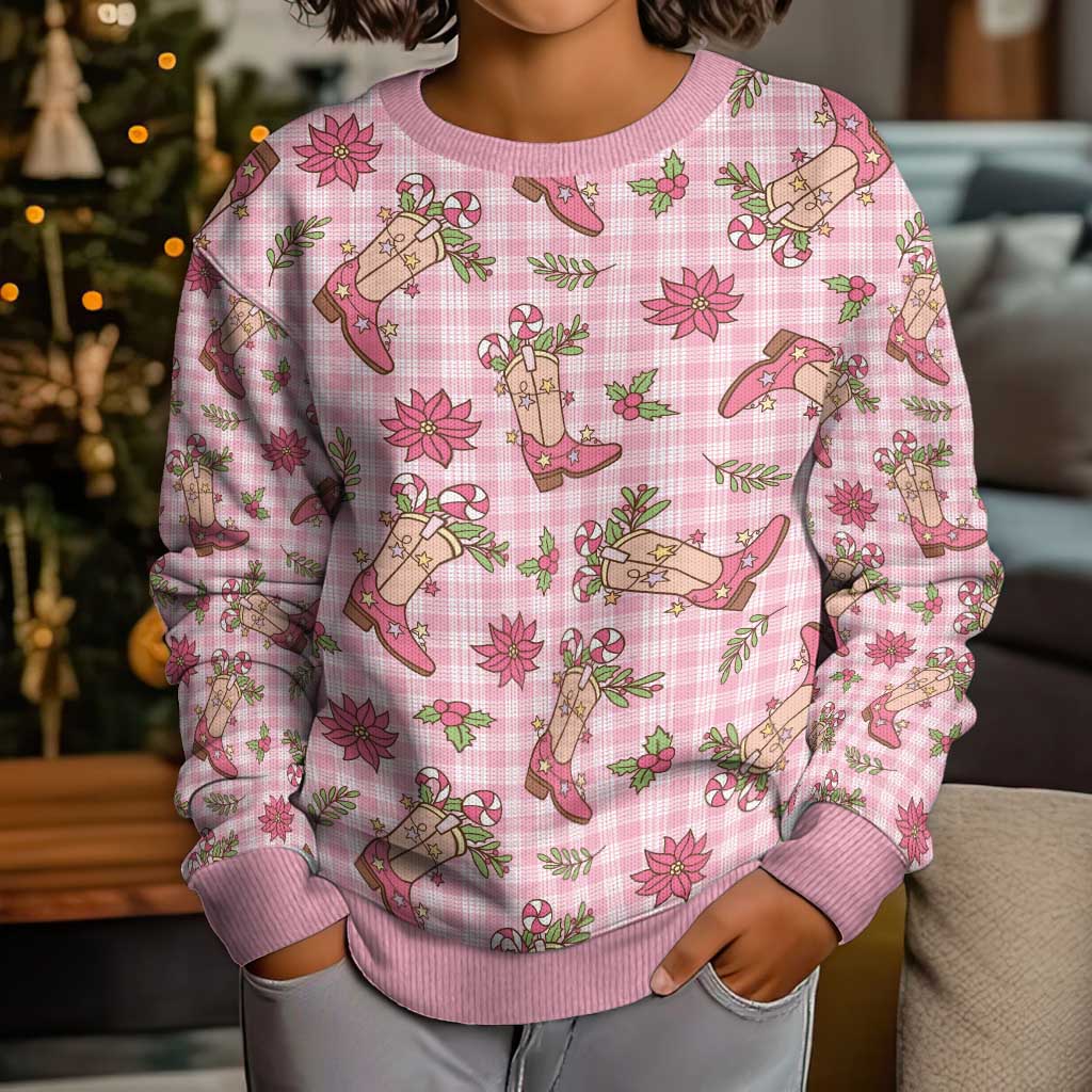 Pink Paniolo Palaka Hawaiian Cowgirl Christmas Kid Ugly Christmas Sweater - Polynesian Pride