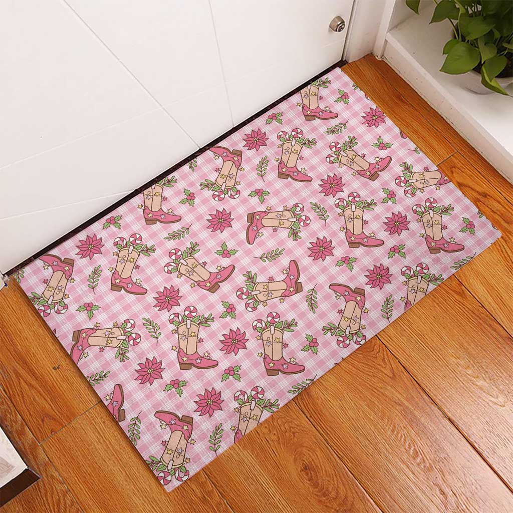 Pink Paniolo Palaka Hawaiian Cowgirl Christmas Rubber Doormat - Polynesian Pride
