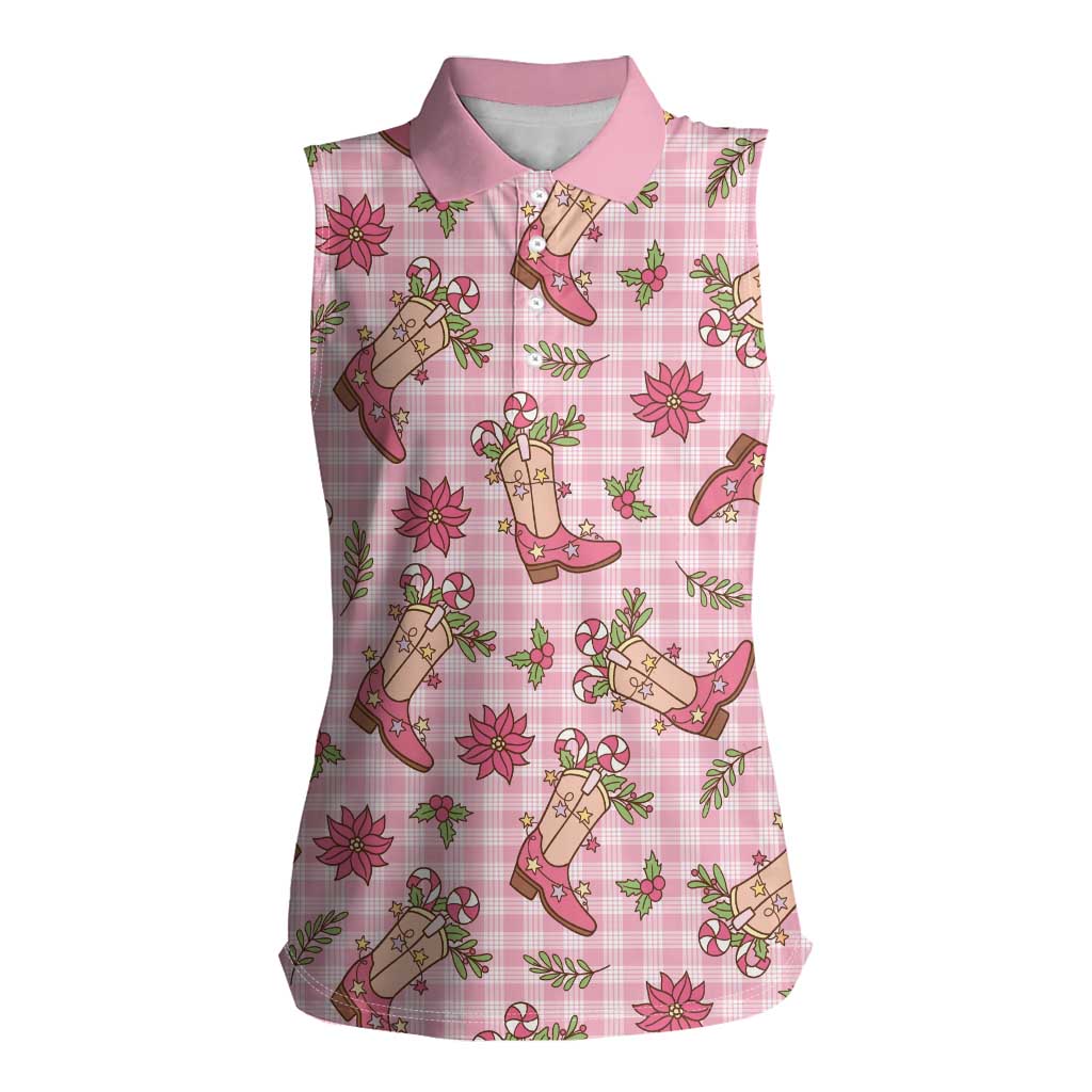 Pink Paniolo Palaka Hawaiian Cowgirl Christmas Women Sleeveless Polo Shirt - Polynesian Pride