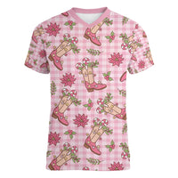 Pink Paniolo Palaka Hawaiian Cowgirl Christmas Women V-Neck T-Shirt - Polynesian Pride