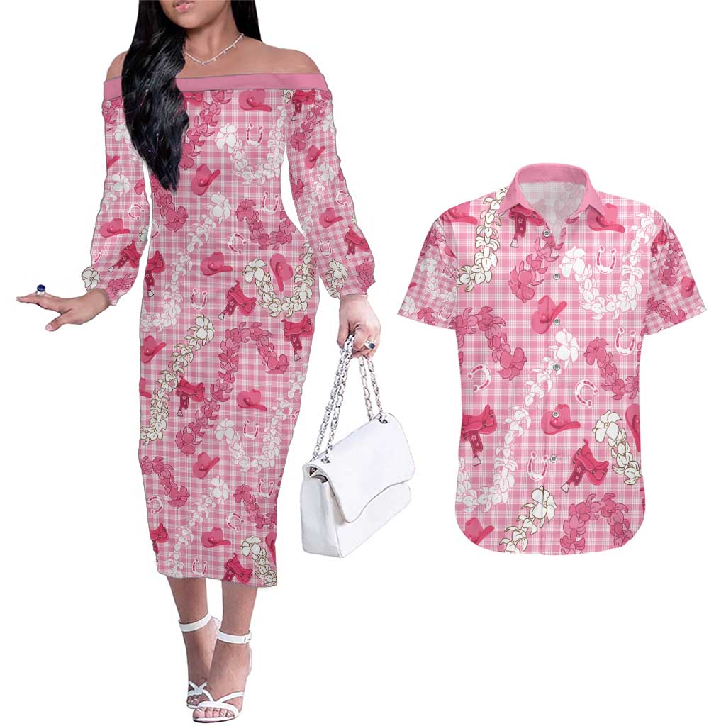 Paniolo Palaka Hawaiian Cowgirl Couples Matching Off The Shoulder Long Sleeve Dress and Hawaiian Shirt - Polynesian Pride