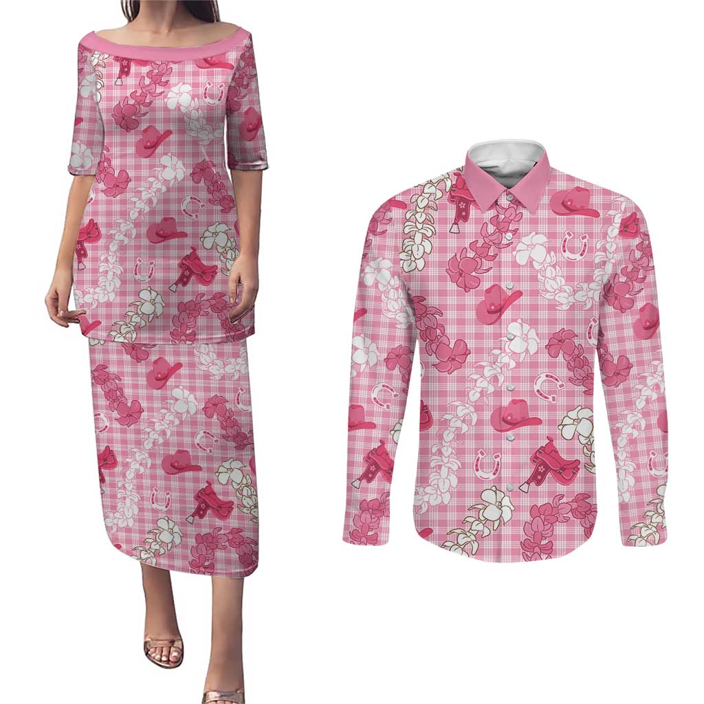 Paniolo Palaka Hawaiian Cowgirl Couples Matching Puletasi and Long Sleeve Button Shirt LT9 Pink - Polynesian Pride