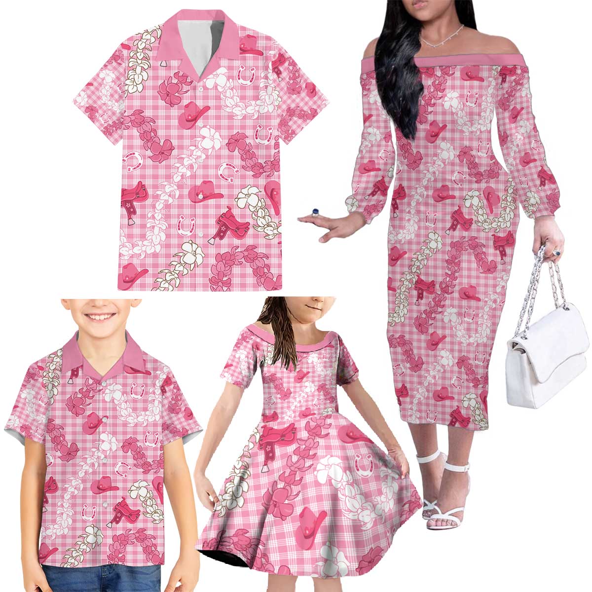 Paniolo Palaka Hawaiian Cowgirl Family Matching Off The Shoulder Long Sleeve Dress and Hawaiian Shirt - Polynesian Pride