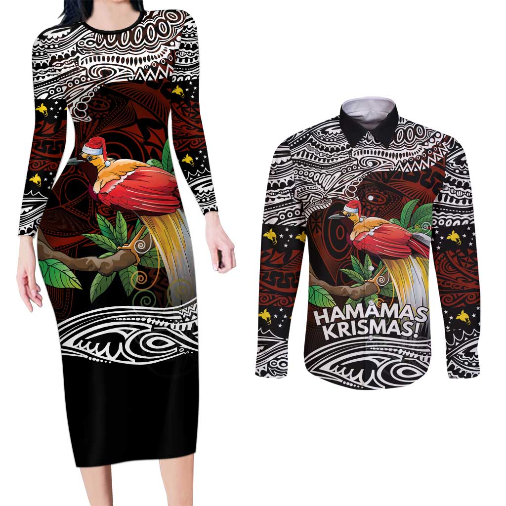 Papua New Guinea Christmas Couples Matching Long Sleeve Bodycon Dress and Long Sleeve Button Shirt - Polynesian Pride