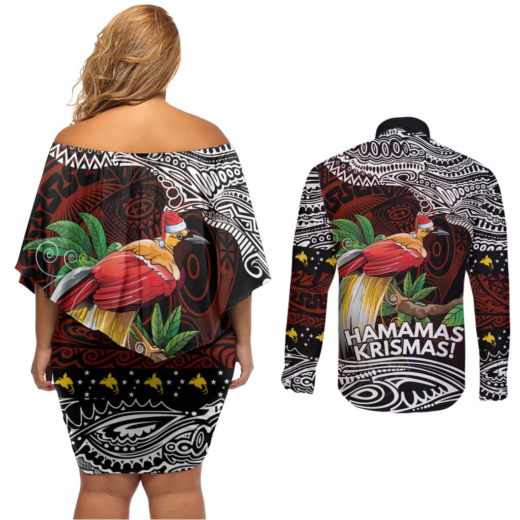 Papua New Guinea Christmas Couples Matching Off Shoulder Short Dress and Long Sleeve Button Shirt - Polynesian Pride